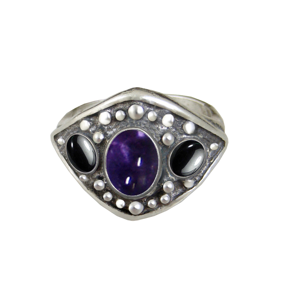 Sterling Silver Medieval Lady's Ring with Iolite And Hematite Size 9